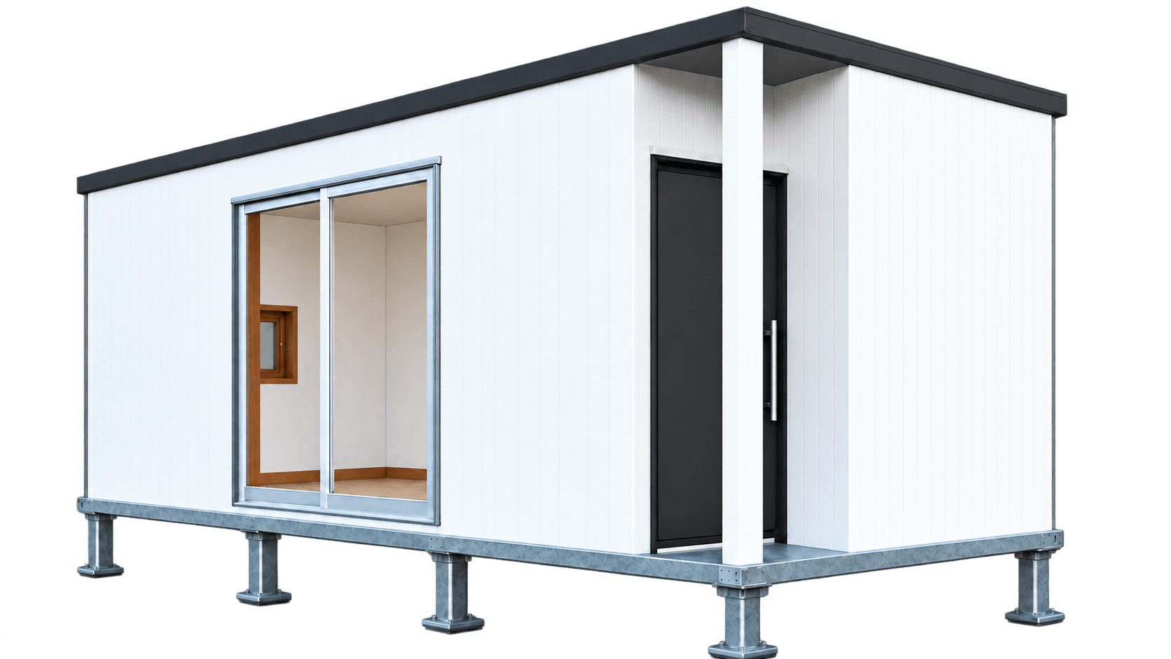 伸縮可能な設置足の上に建つ白い外壁の BOX