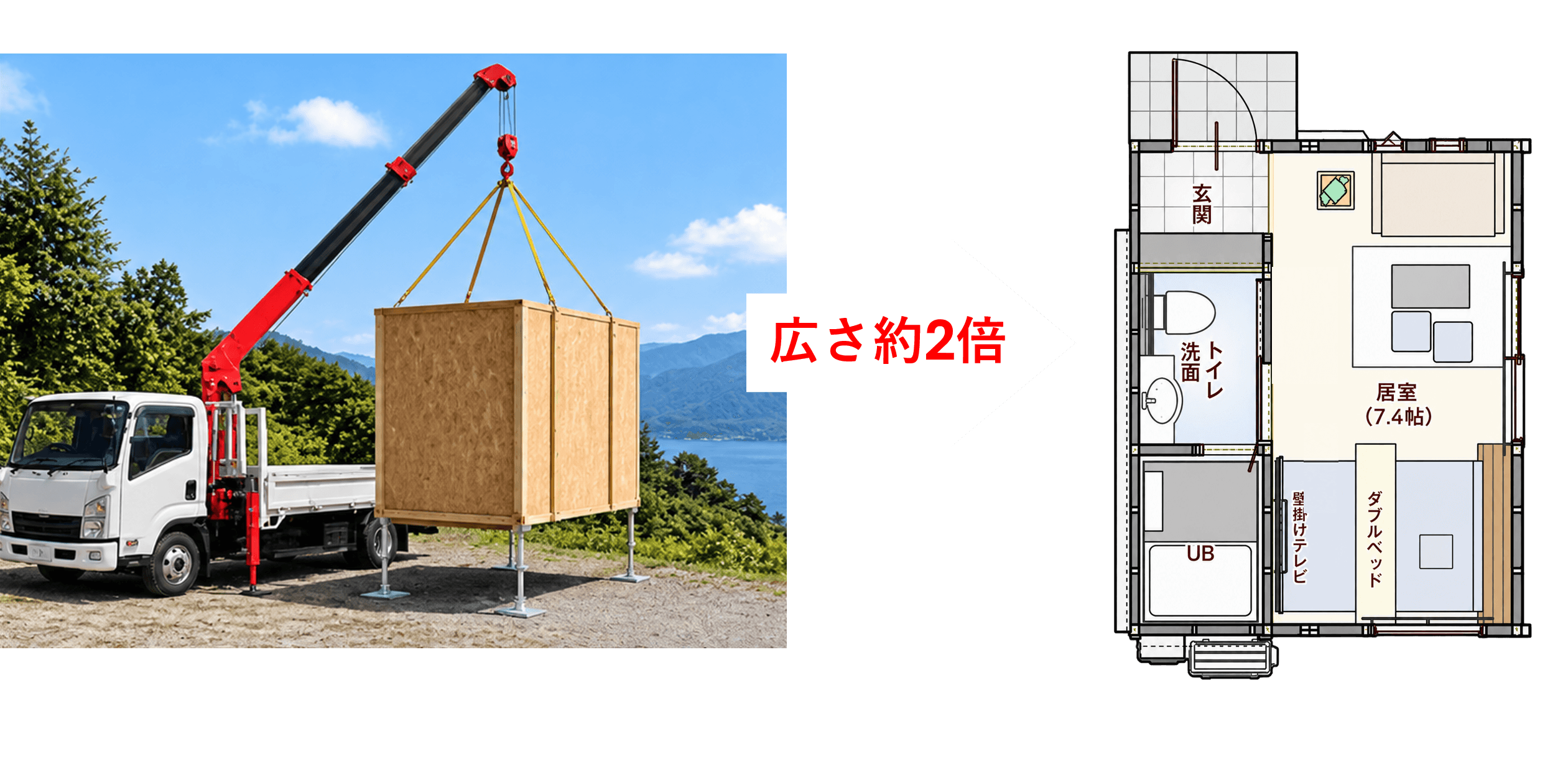 クレーンで吊り上げた折畳みコンテナと展開後平面図