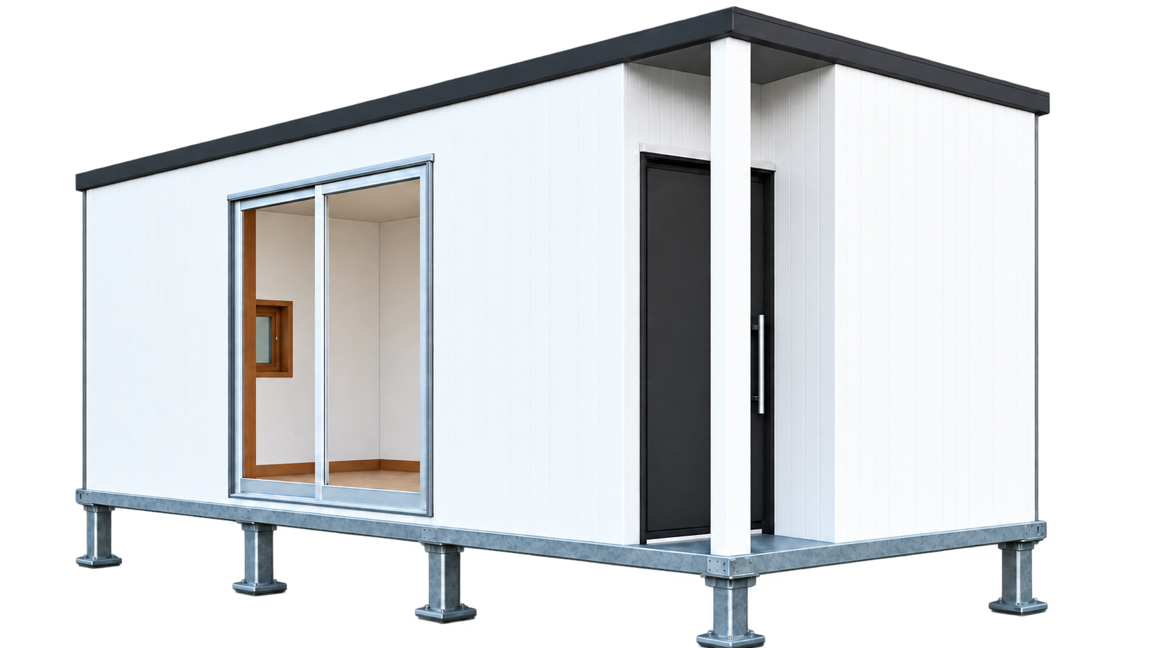 伸縮可能な設置足の上に建つ白い外壁の BOX